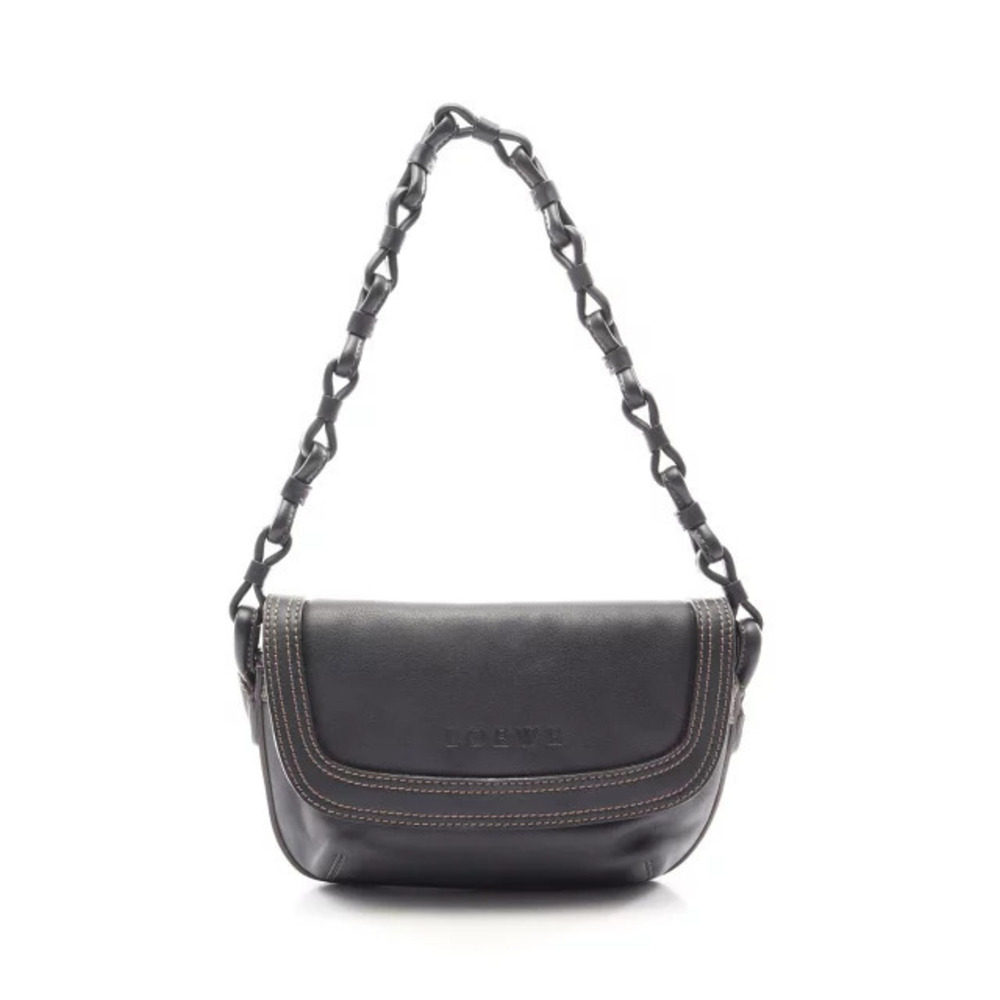 Loewe black leather bag stitching debossed front Chain link